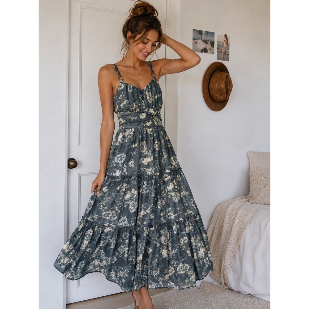 Streetwear Society Floral Maxi Dress Blue White Tiered Cottagecore Small